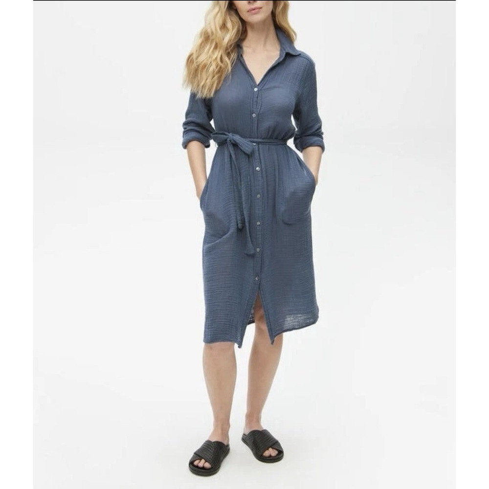 Michael Stars Cleo Shirt Dress‎ M Blue 100% Cotton Gauze Button Front Belted